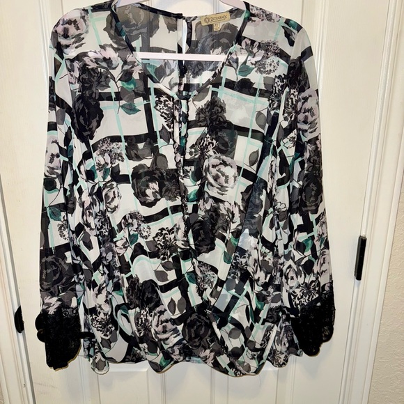 Democracy Tops - Democracy Black and Teal Floral Blouse